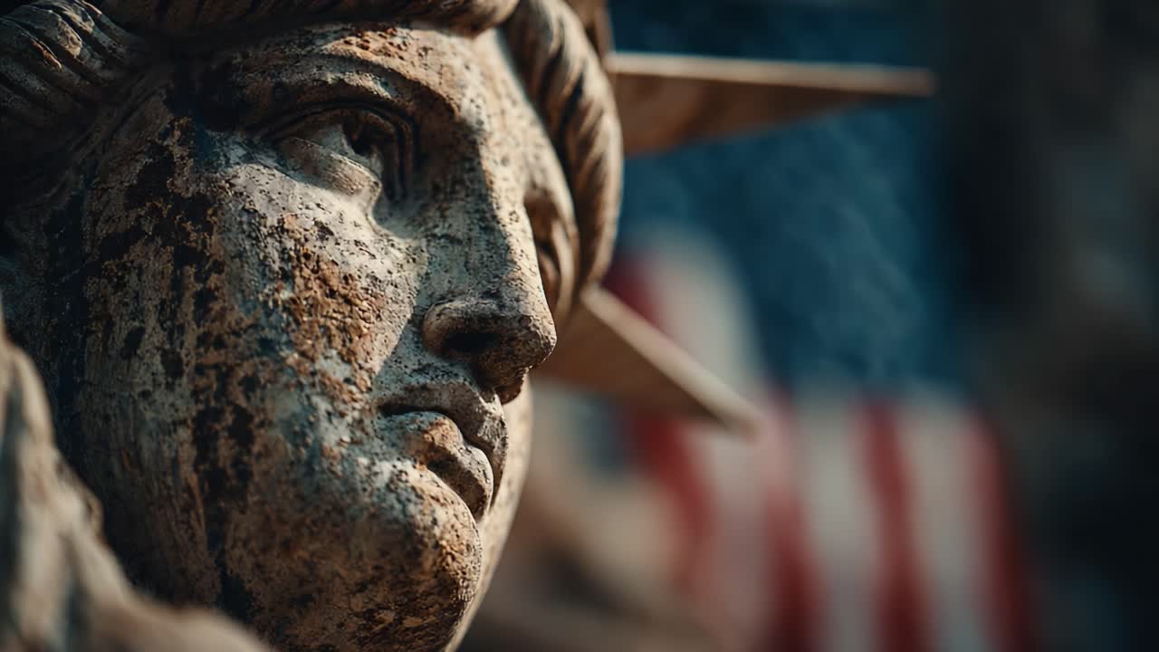 A Close-Up View of an Iconic Statue Symbolizing Freedom and Democracy, Capturing the Intricate Details and Historical Significance in Its Stone Face Against a Windswept American Flag Background