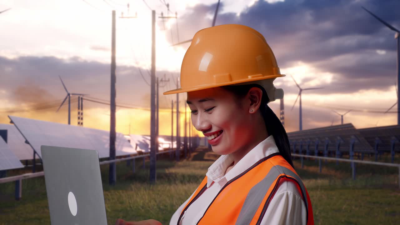 Close Up Side View Of Asian Female Engineer With Safety Helmet Working On A Laptop With Solar Panel and Wind Turbines