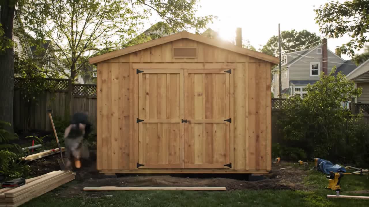 A person constructs a wooden frame for a shed in the backyard as the sun sets. Tools and materials are spread around, highlighting the DIY project in progress.