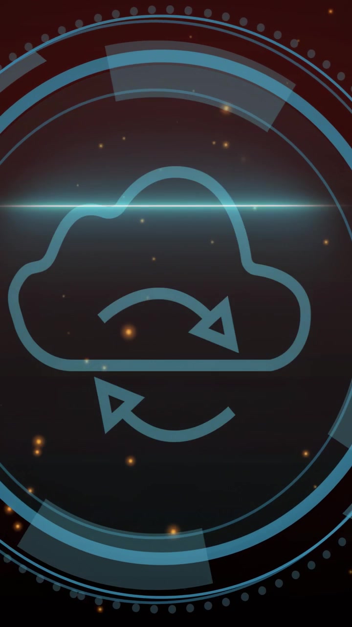 Vertical video: Cybersecurity appearing, HUD rings rotating, cloud sync drawing to show security