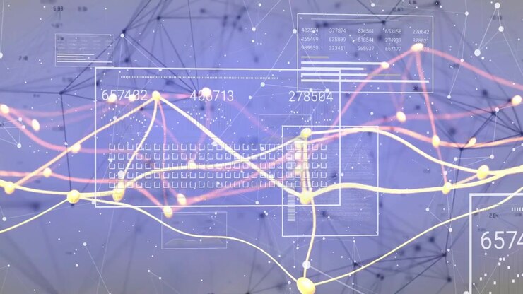 Graphs and numbers in animation on digital network background for data visualization