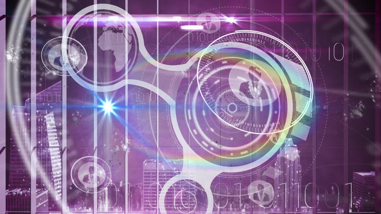 플레어, 글로벌, 프로파일 아이콘 및 도시 위의 이진 코드와 함께 디지털 서클의 애니메이션