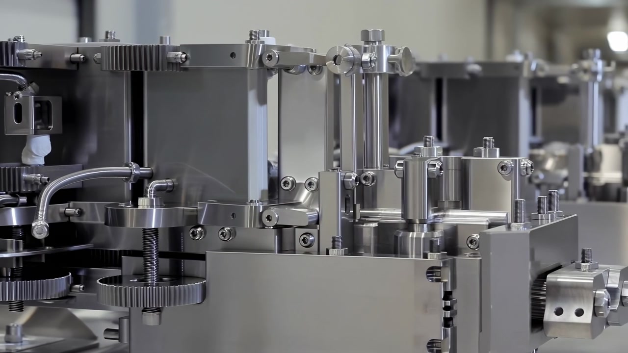 Stainless Machinery Automation Pharmaceutical Packaging Line, Closeup Of Stainless Steel Filling And Capping