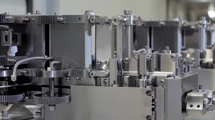 Stainless Machinery Automation Pharmaceutical Packaging Line, Closeup Of Stainless Steel Filling And Capping