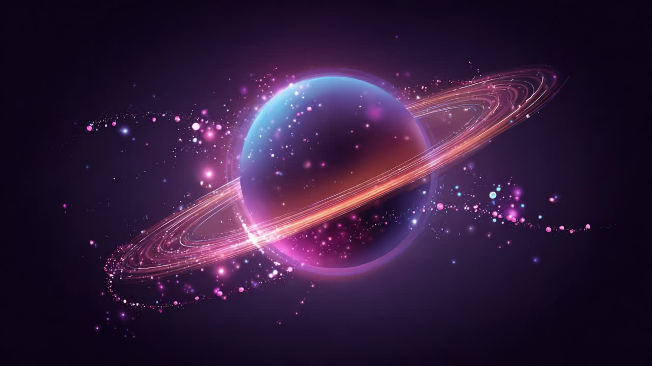 A stunning, vibrant depiction of a celestial body, showcasing a beautiful, glowing planet surrounded by ethereal rings and sparkles against a deep, cosmic background, evoking the vastness of space