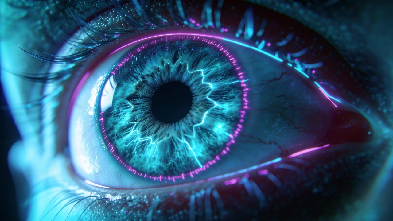 Signal activating cyber overlay, human eye tracking scan at studio, cyan iris magenta ring pulsing