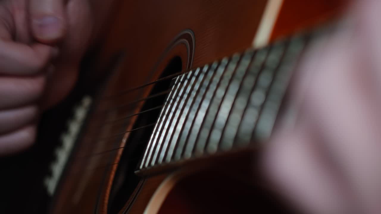 Close-up of hands playing an acoustic guitar
