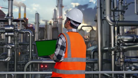 back view of asian male engineer with safety helmet working on a green screen laptop and looking around while standing in a refinery, oil processing equipment and machinery