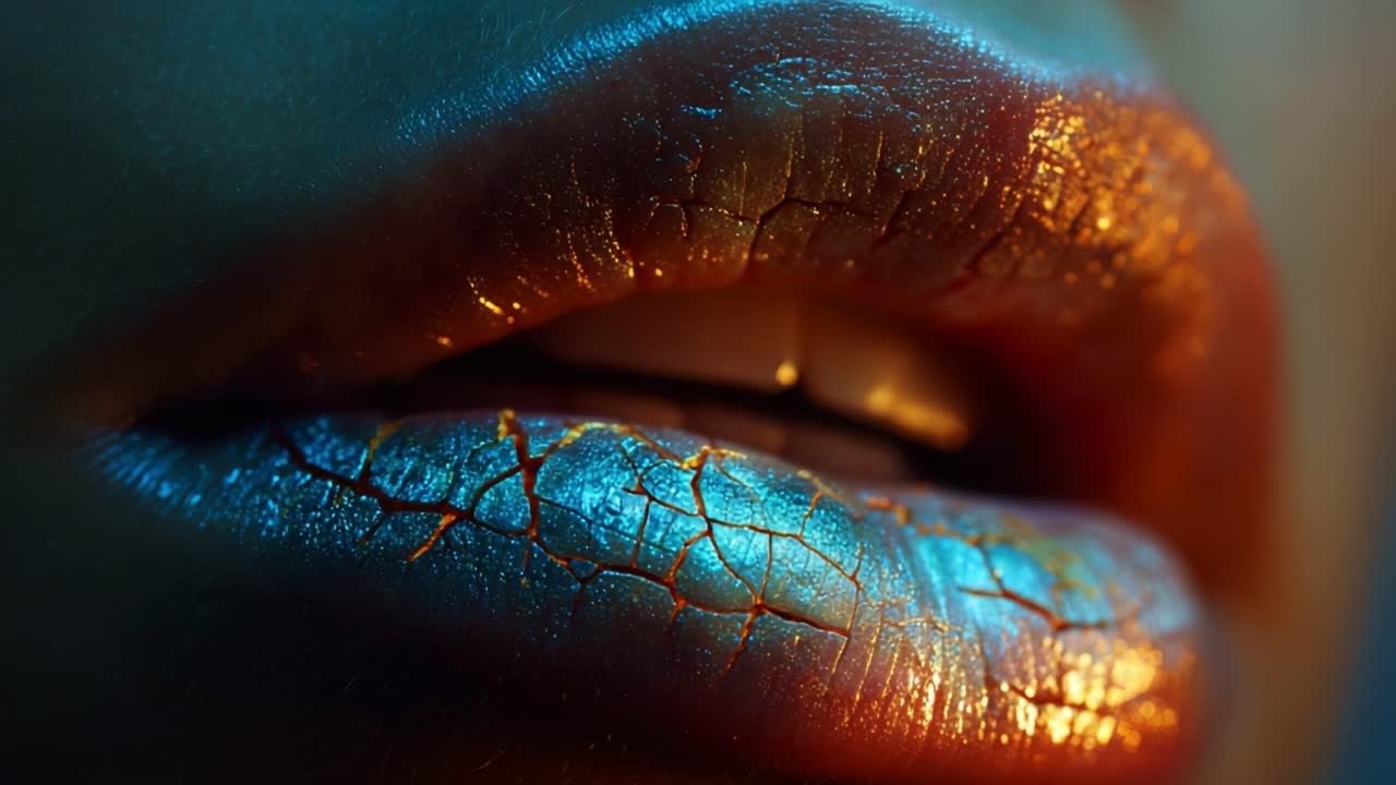 Artistic Close-Up of Cracked Lips with Glittering Shimmering Colors Highlighting Beauty and Texture in a Captivating Aesthetic Presentation