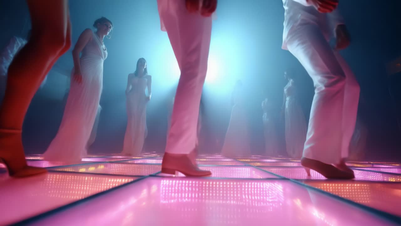 A Vibrant Dance Floor Scene Featuring Elegantly Dressed Individuals in White Attire, Grooving to Upbeat Music Under Dramatic Lighting Effects, Creating an Unforgettable Atmosphere of Celebration