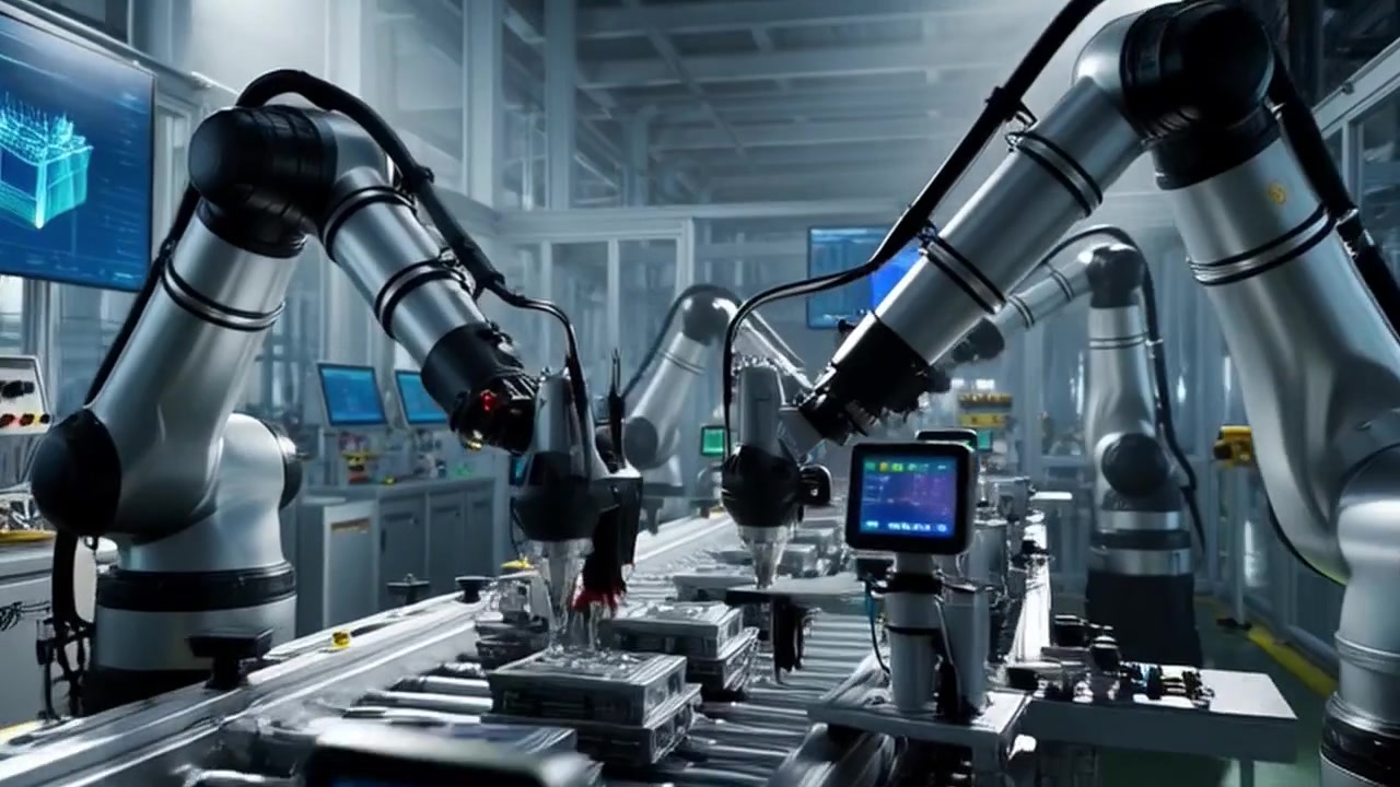 Lengan Robot Merakit Komponen Elektronik di Sabuk Konveyor Pabrik Otomatis