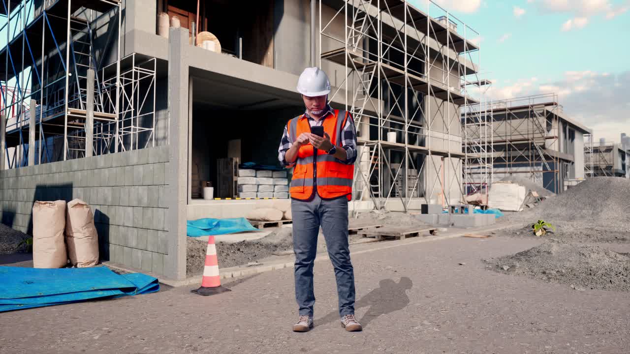 Full Body Of Asian Male Engineer With Safety Helmet Using Smartphone And Looking Around While Standing At Building & Construction Site in Progress to New House