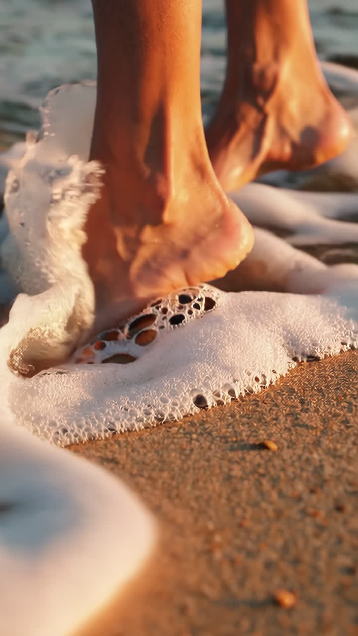 Feet walking in the ocean waves at golden hour
