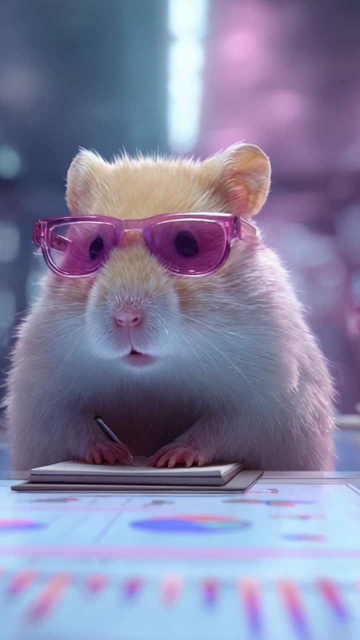 Un tenero criceto con occhiali rosa analizza attentamente un grafico colorato mentre prende appunti, mettendo in mostra un'adorabile combinazione di intelligenza e curiosità
