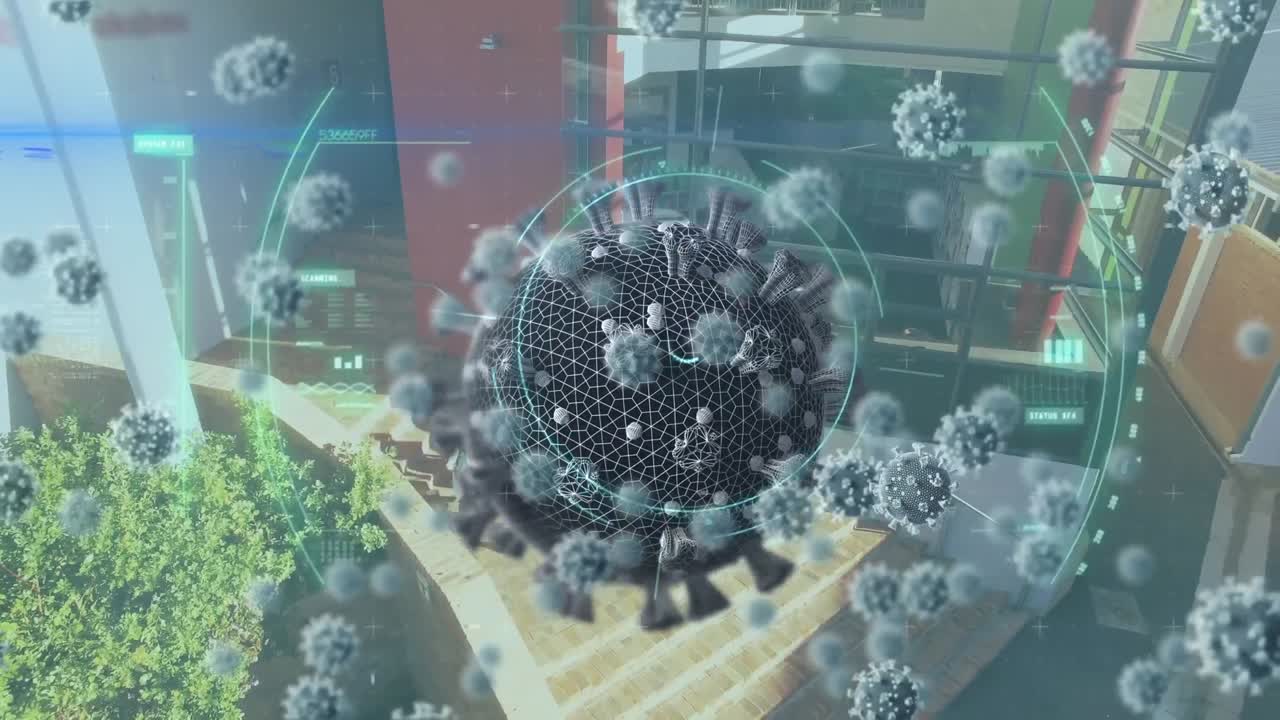 원 스캐닝의 애니메이션과 학교에 퍼지는 코로나바이러스 코로나19 세포