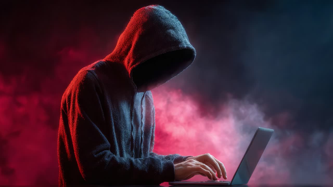 A Mysterious Figure Engaged in Cyber Activity: The Vulnerability of Digital Spaces Highlighted by the Hooded Character Working on a Laptop Surrounded by Colorful Smoke