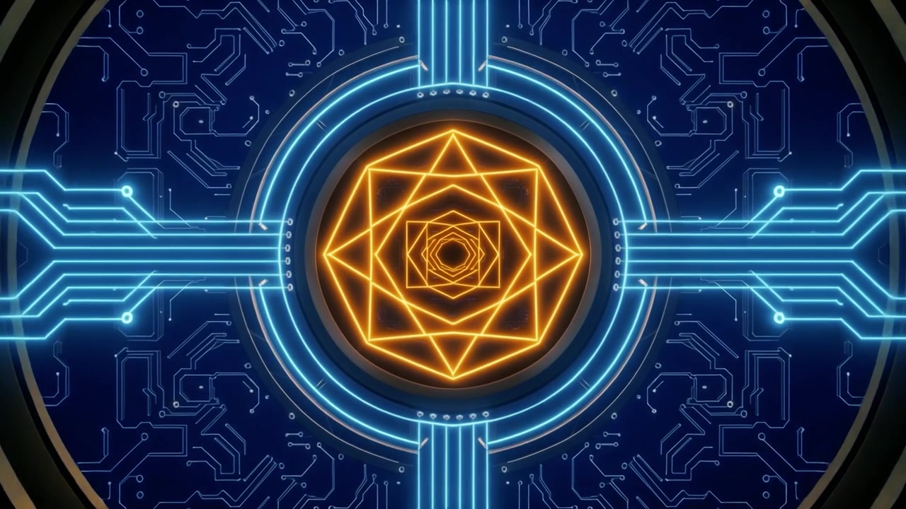 Scheda di circuito digitale futuristica con animazione di nucleo geometrico al neon