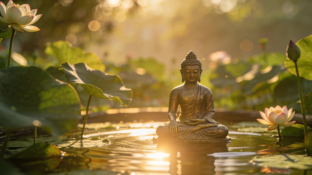 Statua di Buddha in bronzo seduta, bagnata, con un bagliore del sole e uno zoom che creano increspature su uno stagno di fiori di loto, infondendo calma.