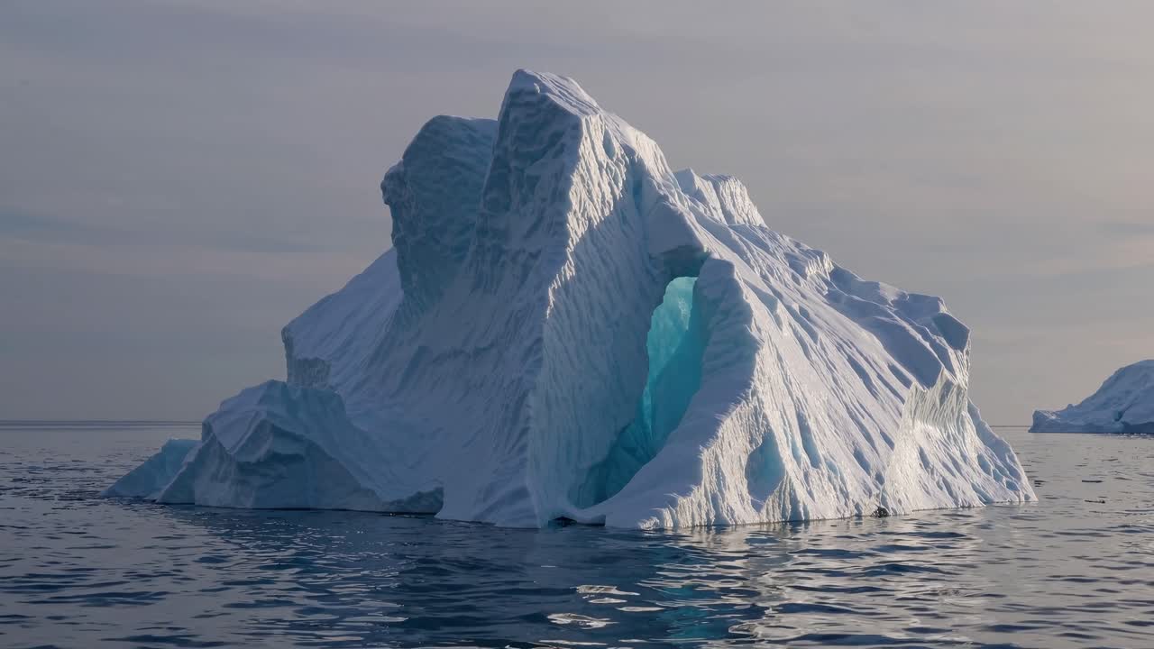 A majestic iceberg floats in calm waters, captured from a low-angle, showcasing its towering