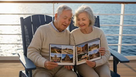 an elderly couple enjoys a cherished memory book while sitting together on a cruise deck, sharing laughter and stories with scenic views in the background