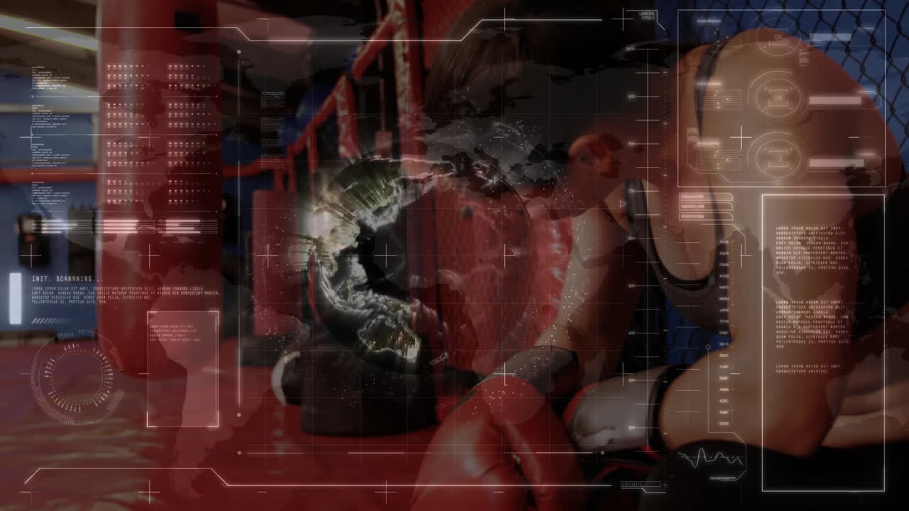 Female boxer kneeling in red gloves at MMA gym, showing sports tech HUD scanning metrics
