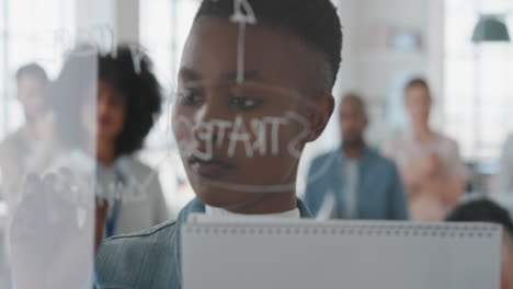 Joven-Mujer-De-Negocios-Afroamericana-Líder-De-Equipo-Escribiendo-En-Una-Pizarra-Entrenando-A-Colegas-Compartiendo-Ideas-De-Resolución-De-Problemas-En-Un-Seminario-De-Presentación-De-Oficina