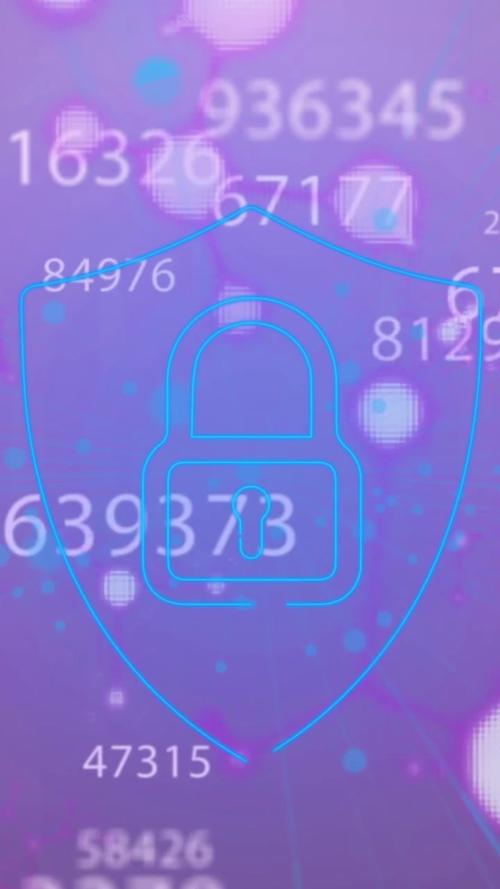 Animation of multiple changing numbers and security padlock icon against purple background