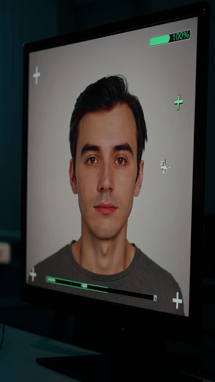 Inquadratura ravvicinata e angolata di uno schermo di computer che mostra un software di riconoscimento facciale.