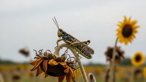 close-up of a grasshopper perched on a withering sunflower in a field, surrounded by tall sunflowers against a cloudy sky