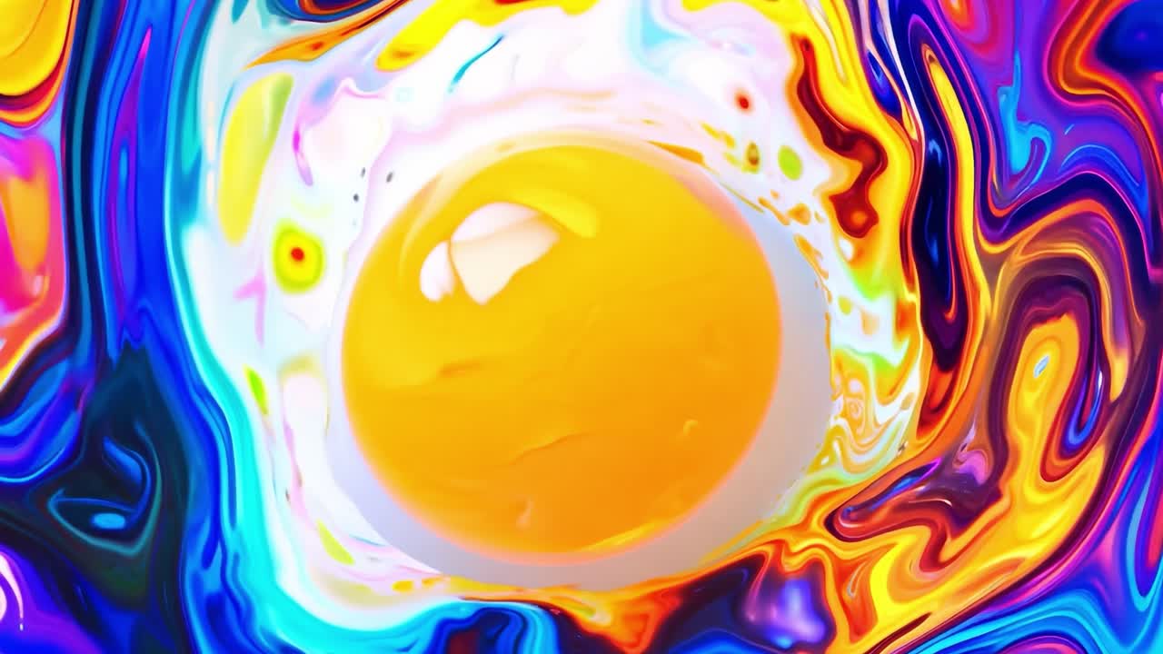 la animación de morphing muestra un huevo frito contra un fondo psicodélico vibrante y colorido, creando un efecto visual hipnotizante.