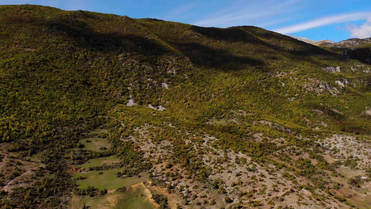 발칸 반도의 화창한 가을날 푸른 나무와 초원으로 뒤덮인 산비탈