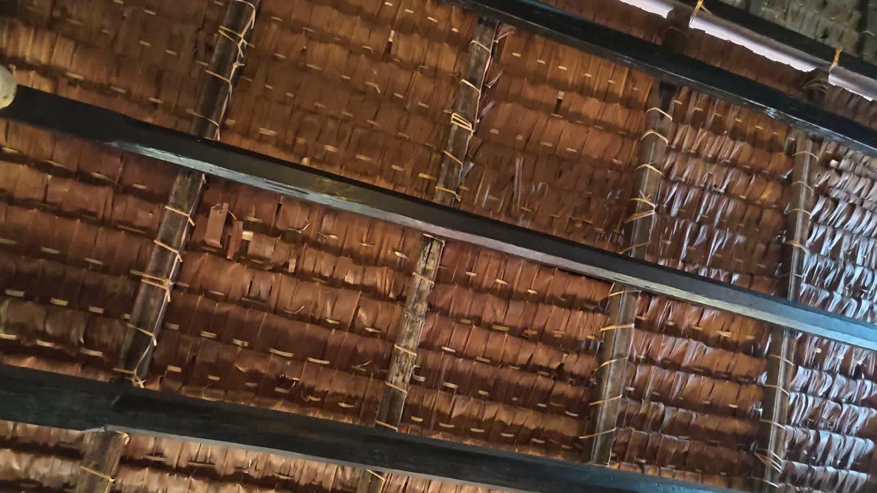 A close-up view of an atap nipah, a roof made from woven nipa palm leaves on a traditional Malaysian house. This once-common roofing keeps the interior of the Malay home cool and comfortable