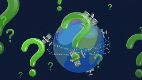 Animation-of-green-question-marks,-satellites-and-globe-spinning-on-blue-background