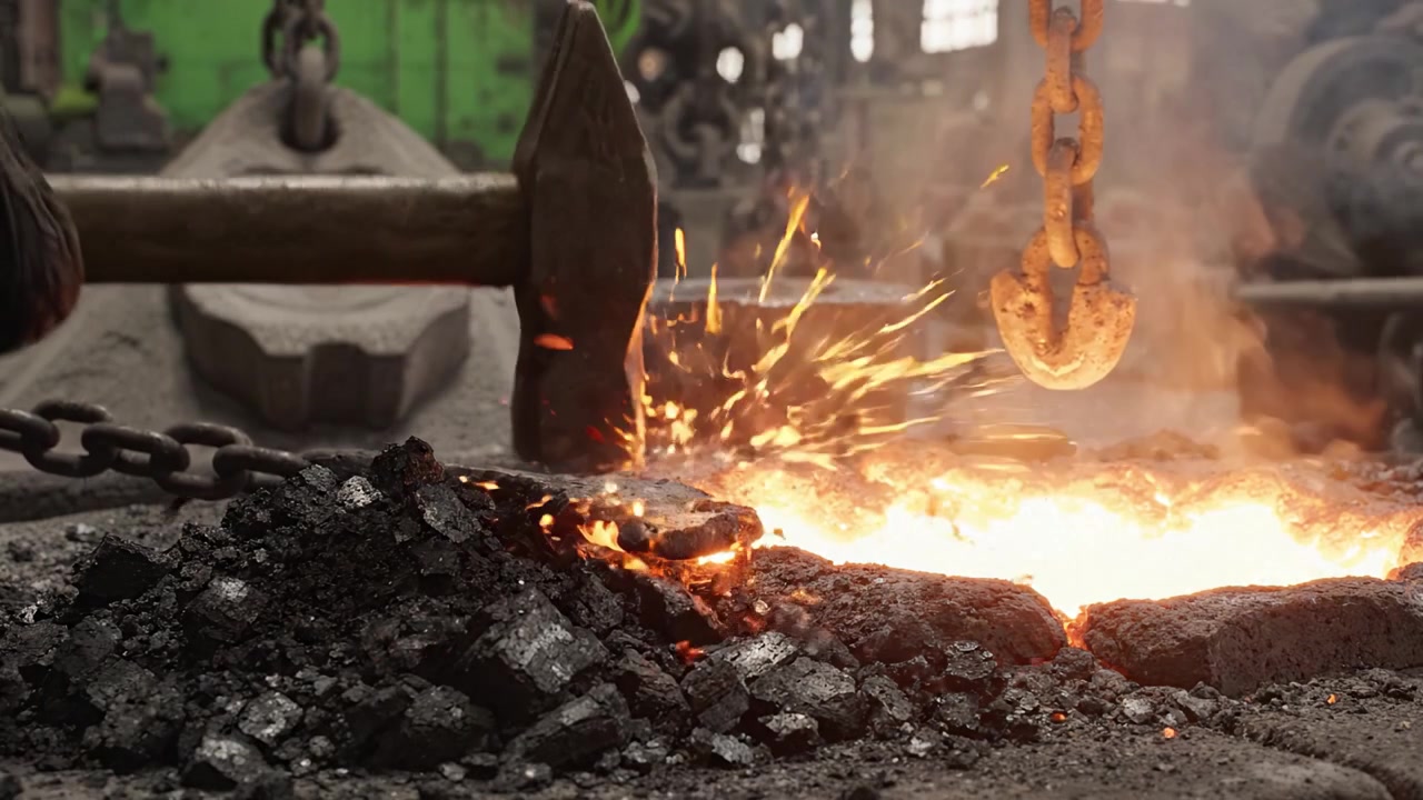 Affascinante Processo di Forgiatura: Metallo Fuso che Cola da un Crogiolo con Fumo e Calore Incandescente in un Contesto Industriale, Mostrando l'Artigianato in Azione.