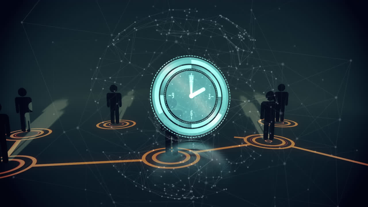 검은 바탕 위의 시계 아이콘과 연결 네트워크의 애니메이션