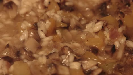 close up pan of italian mushroom risotto cooking