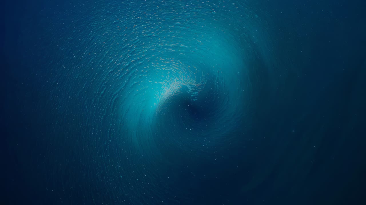 Rotating dark vortex tightening and pulling foam inward over ocean, triggered by subtle currents