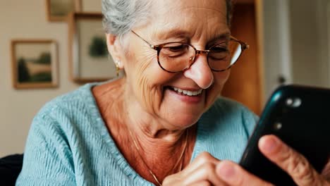 mujer mayor feliz usando su teléfono inteligente