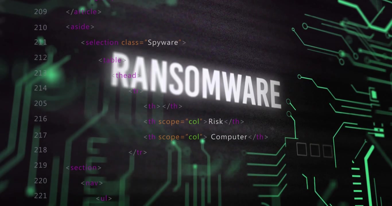Venstre kodekolonne indlæses, RANSOMWARE dukker op i dele, justeres, gløder og viser en malware-trussel.