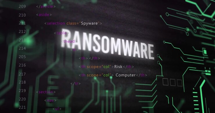 Linker codekolom wordt geladen, RANSOMWARE verschijnt gedeeltelijk, lijnt uit, gloeit en toont een malwarebedreiging.