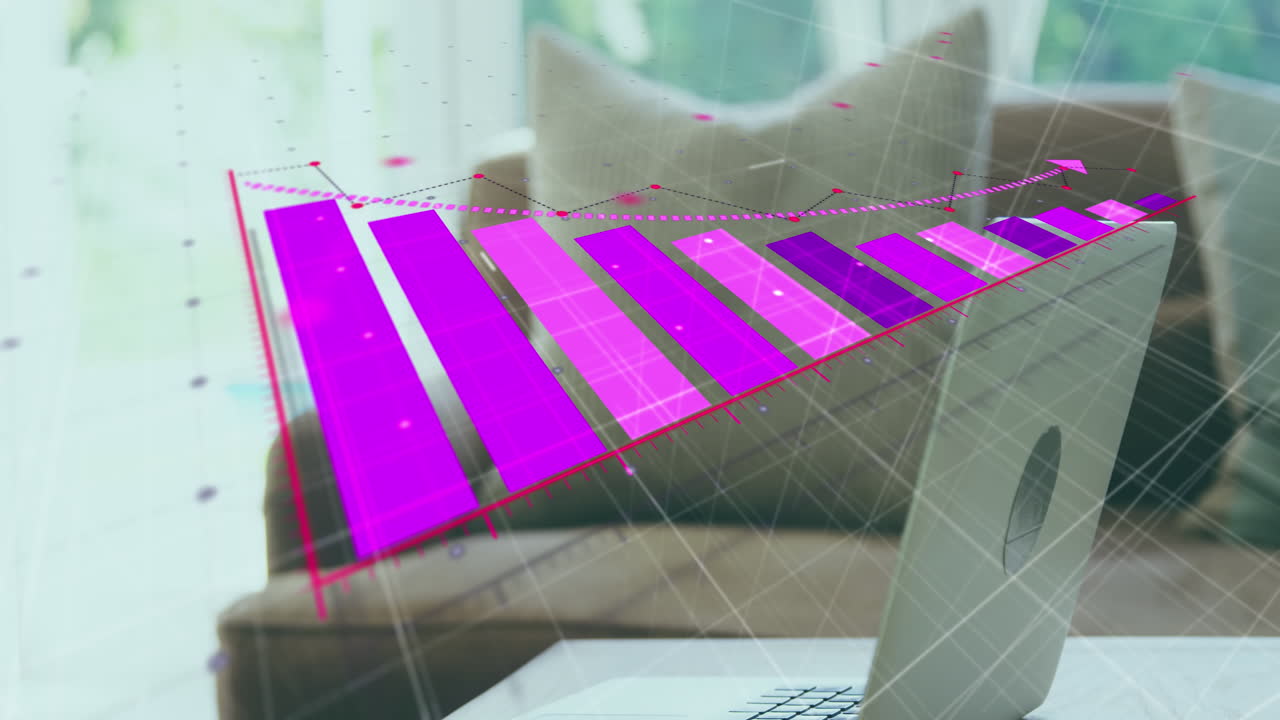animación del procesamiento de datos estadísticos en primer plano de una computadora portátil en una mesa en casa