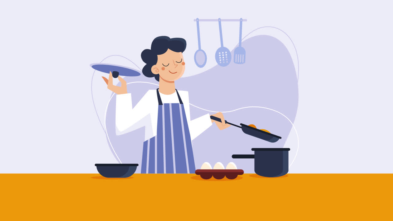 미소 짓는 셰프가 아침 식사를 하고 있습니다.