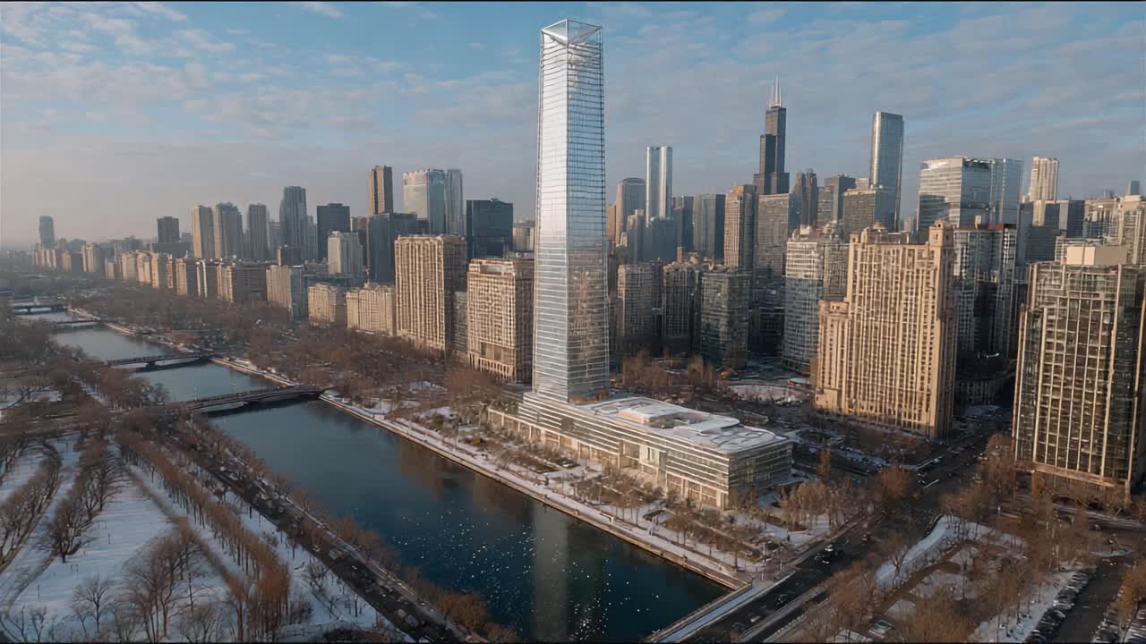 Vista aerea di un moderno grattacielo che si affaccia su un fiume sereno e un paesaggio urbano d'inverno, mettendo in mostra il design architettonico su uno sfondo cittadino