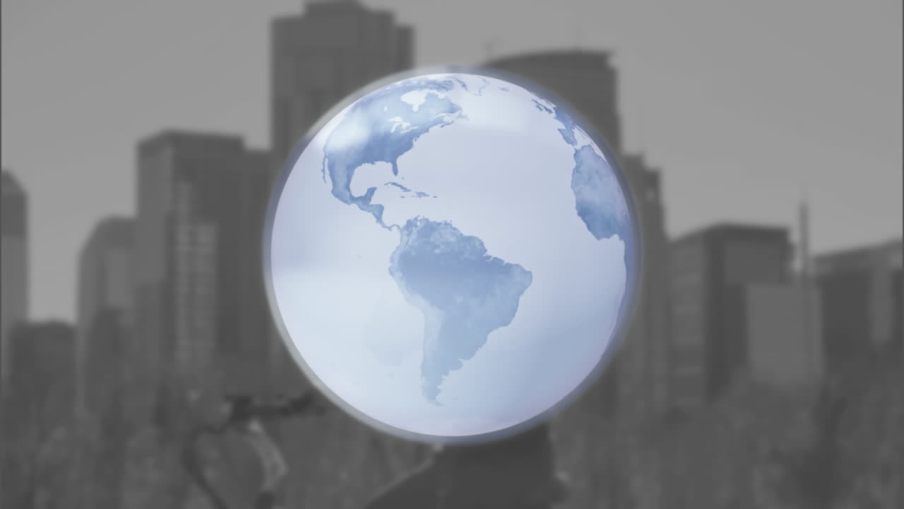 Animation of globe rotating over caucasian woman checking time while riding bike against buildings