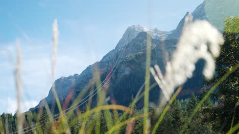 through-gras-looking-up-to-a-steep-mountain-summit-with-cable-car-tracks-zugspitze