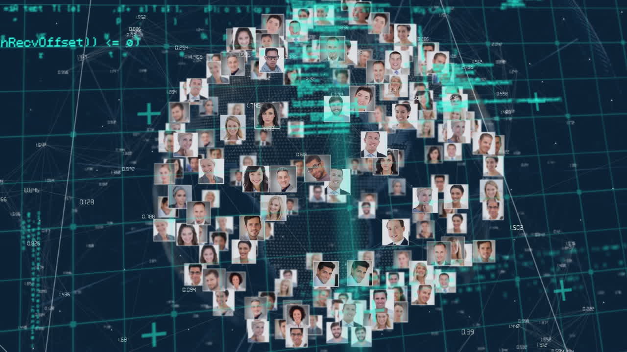Animation of data processing and networks of connections over grind