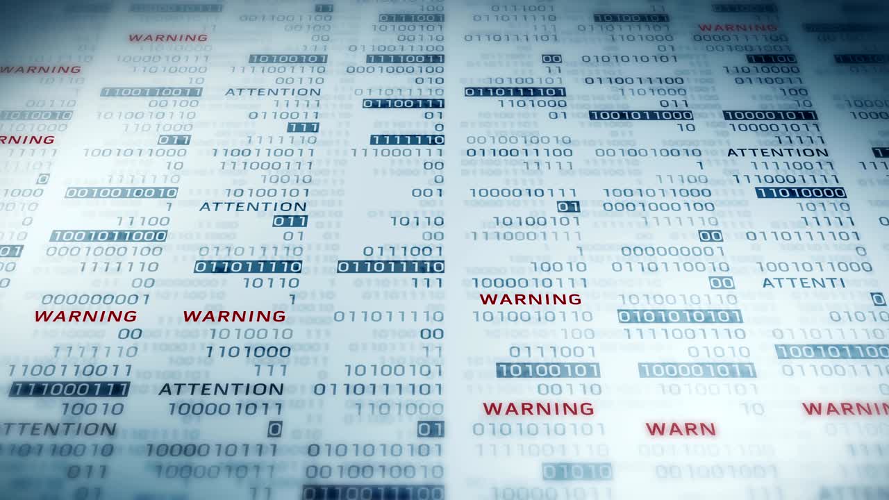 mensaje de advertencia y atención con números binarios. web en línea con animación de bucle de tecnología digital. concepto de error de problema de red informática.