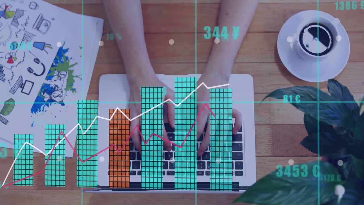 animación de estadísticas y datos sobre empresarios caucásicos que usan computadoras portátiles en la oficina