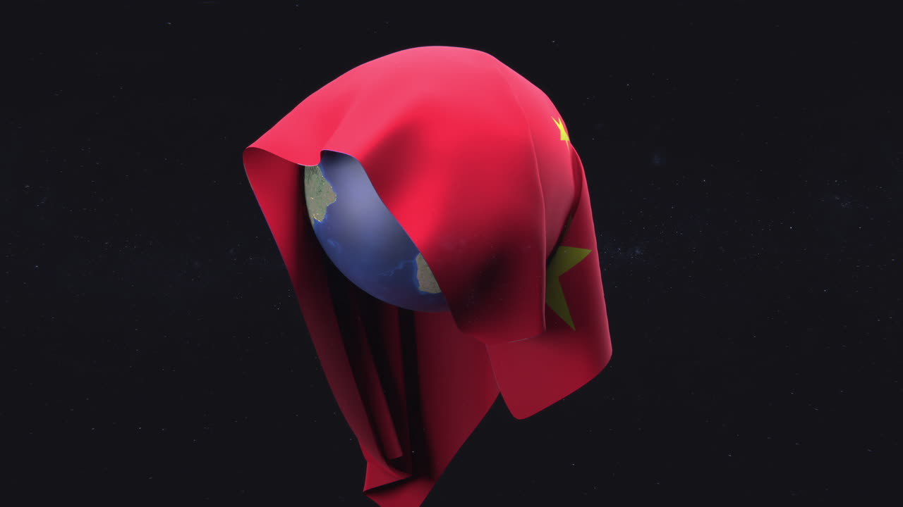 중국 국기가 떨어지고 지구를 감싸고 결국 우주로 떨어지는 4k 모션 그래픽 애니메이션