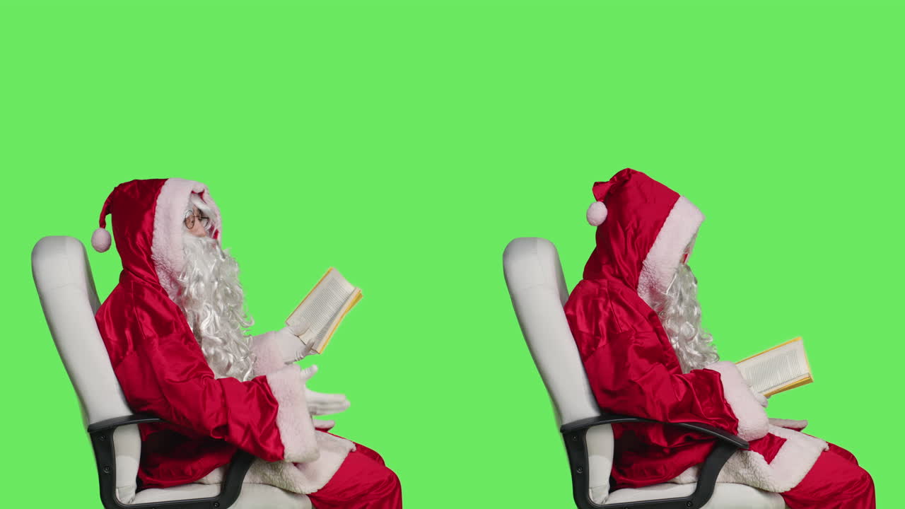 Santa Claus Reading Books on Green Background